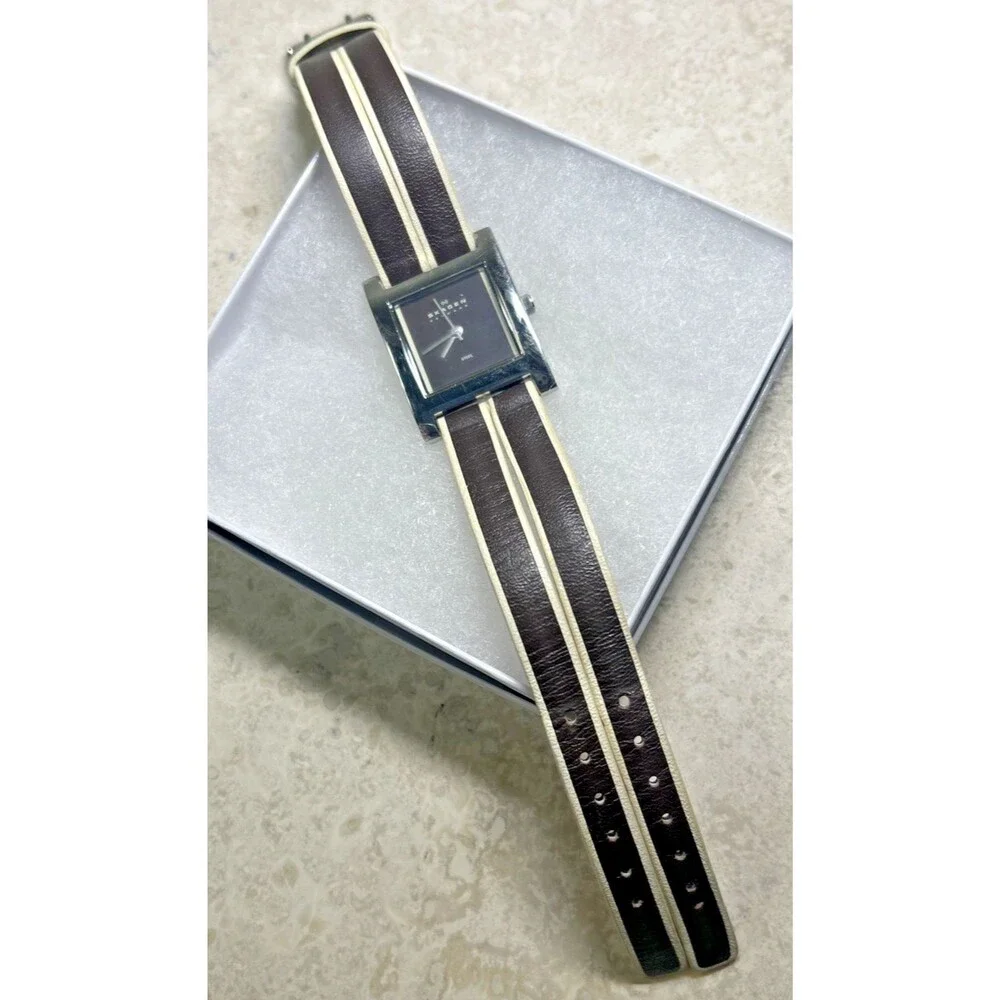 Skagen Tank Womens Watch Leather  Brown Beige Ultra Slim 228SSL New Battery